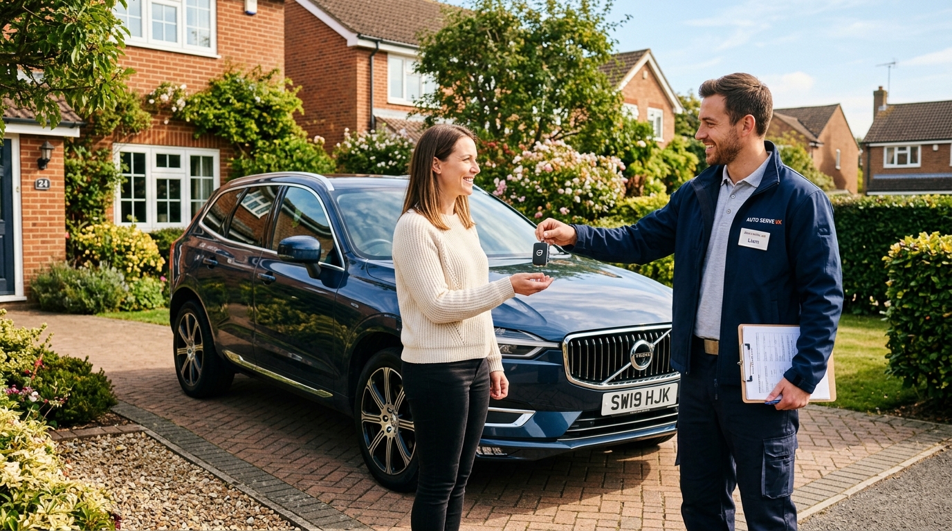 Friendly technician returning car keys to customer at their front door in Grantham