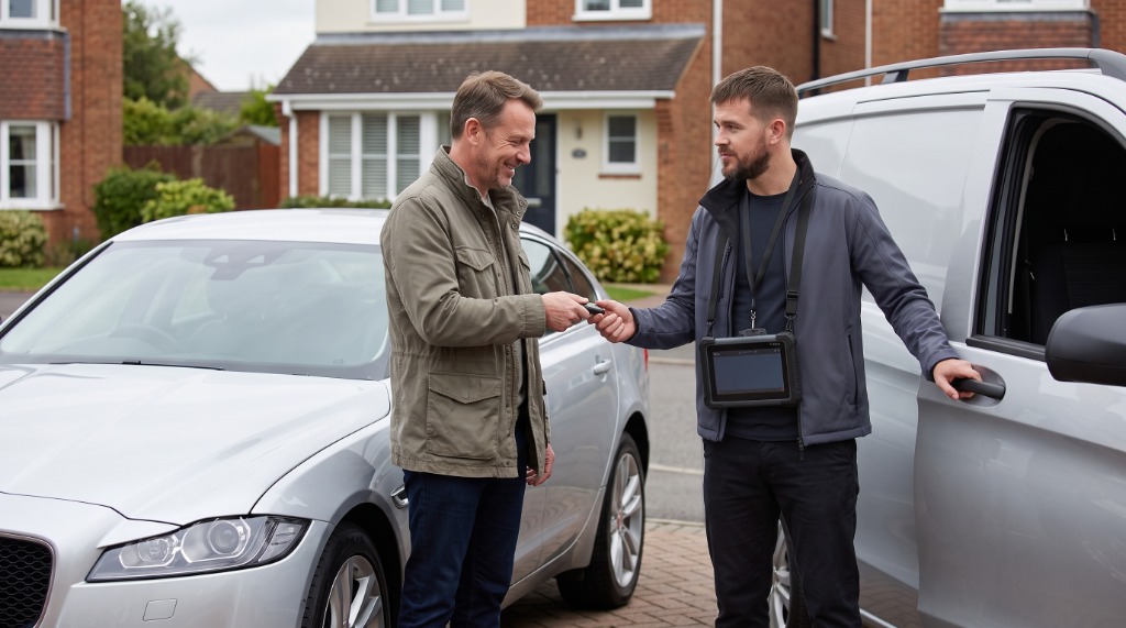 Friendly technician handing over freshly programmed car keys to customer at their home driveway in Grantham