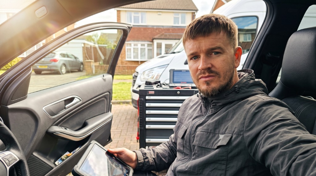 Automotive key technician performing diagnostic programming inside customer vehicle on residential driveway