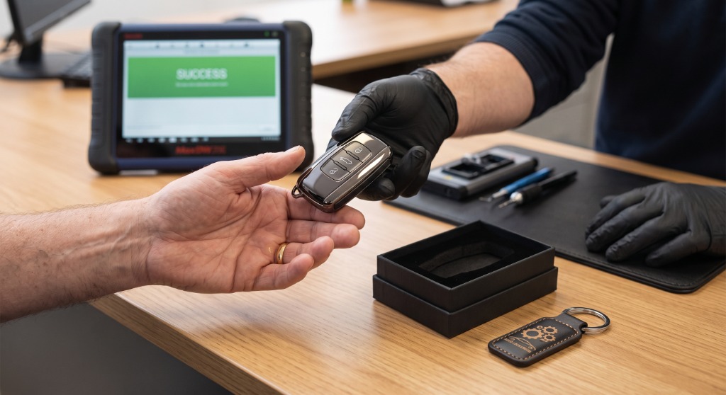 Handing over a freshly programmed luxury car key in a gift box with success diagnostic screen on desk