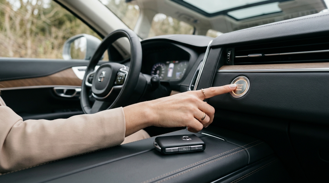 Driver hand pressing push to start button in vehicle with smart key on console