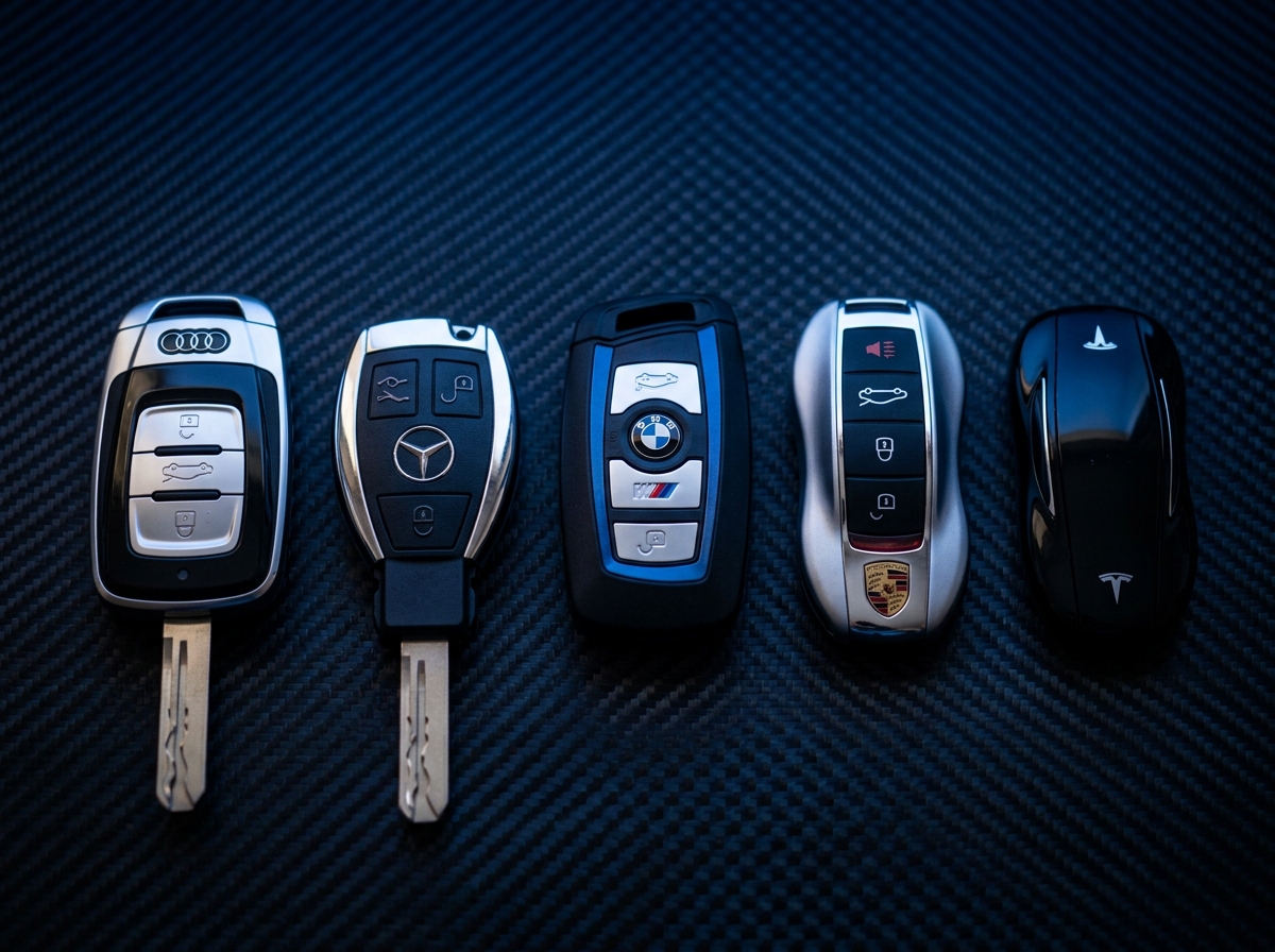 Collection of modern push-to-start smart car keys on clean surface