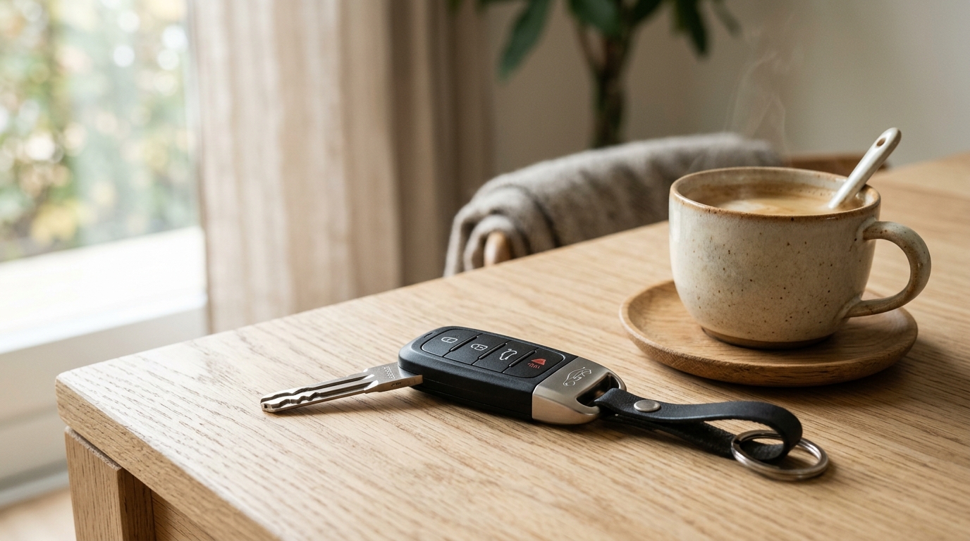 Precision laser cut spare car key resting on a wooden table