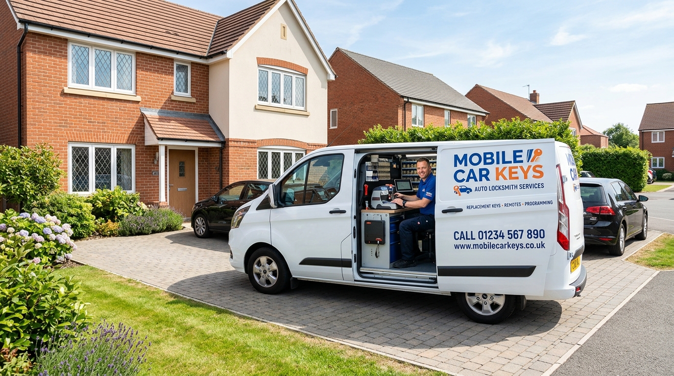 The Grantham Car Key Co. van parked on residential driveway outside a lovely British home