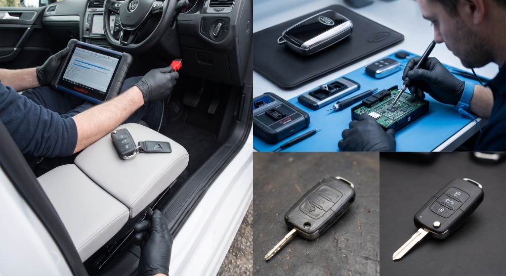 Diagnostic OBD tablet programming in vehicle, precision bench micro-soldering, and key comparison showcase