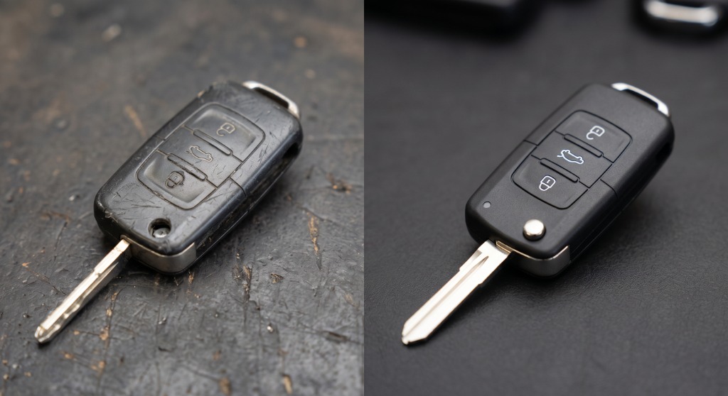 Worn and scratched key fob next to a brand new replacement flip key